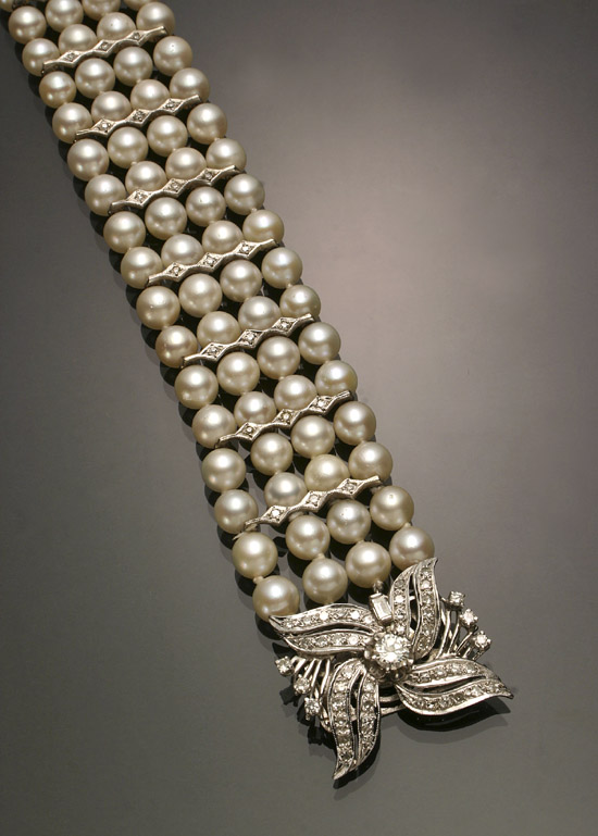 Appraisal: -Karat White-Gold Diamond and Cultured Pearl Cocktail Bracelet Circa The