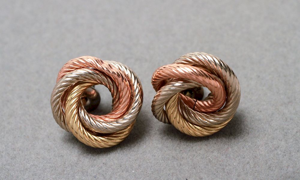 Appraisal: K Tri-Color Gold Knot Earrings Pair K tri-color rose white