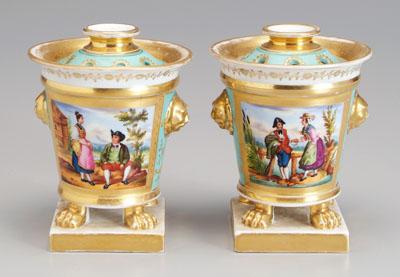 Appraisal: Pair lidded porcelain jars hand painted peasant scenes on pale