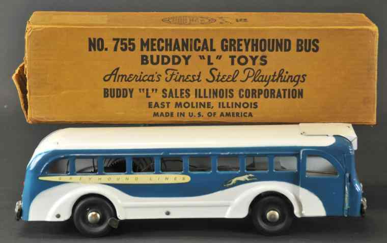 Appraisal: BOXED BUDDY 'L' GREYHOUND BUS Pressed steel classic blue white