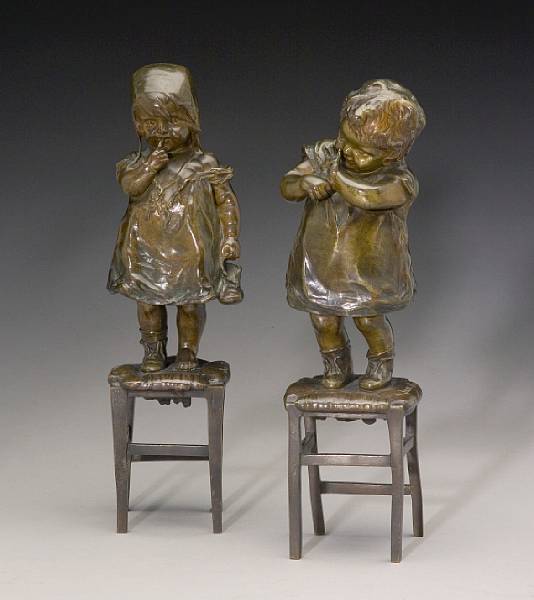 Appraisal: Two patinated bronze figures of children after Juan Clara -