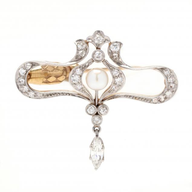 Appraisal: ART NOUVEAU GOLD AND GEM-SET BROOCH In an open scroll