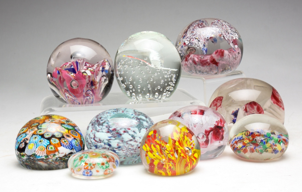 Appraisal: TEN CONTEMPORARY ART GLASS PAPERWEIGHTS American th century Colorful and