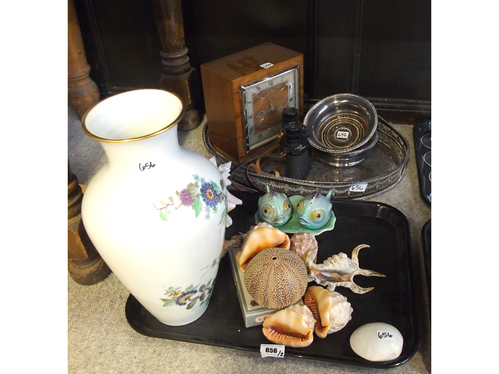 Appraisal: Tray comprising shells Bristolia vase Shorter Son fish figural salt