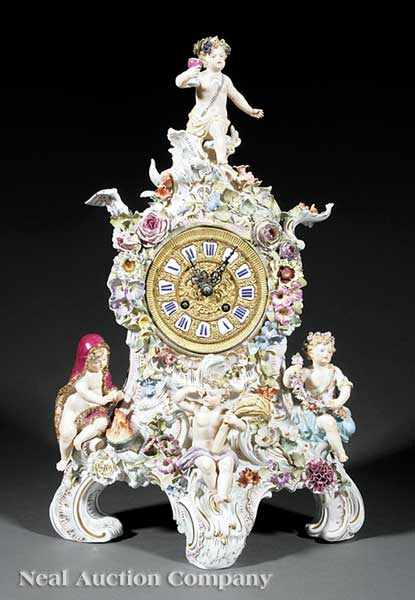 Appraisal: An Antique Meissen Porcelain Polychrome and Gilt Mantel Clock the