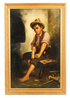 Appraisal: American School Boy Whittling Wood Oil American School th century