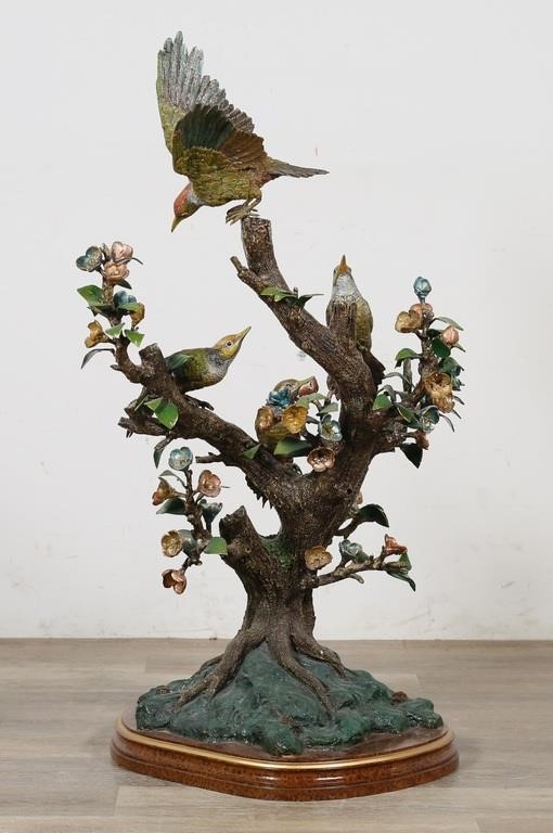 Appraisal: NATURALISTIC BIRDS ON TREE CAST METAL SCULPTURELarge polychromatic cast metal