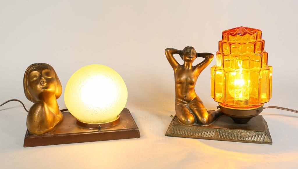 Appraisal: figural art deco table lamps Painted metal female face with