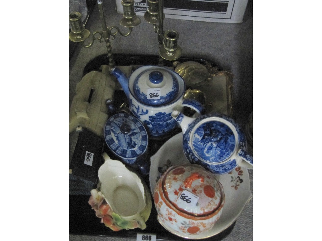 Appraisal: Tray lot to include blue and white teapots pair of