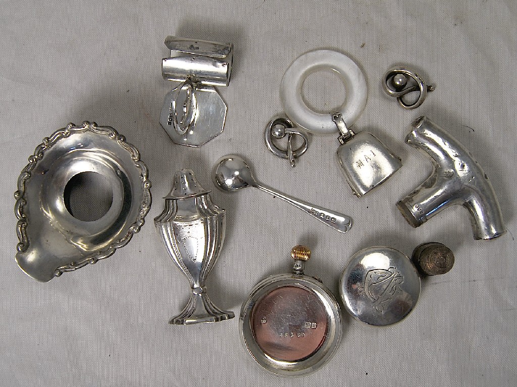 Appraisal: Collection of various silver items including child's cowbell style rattle