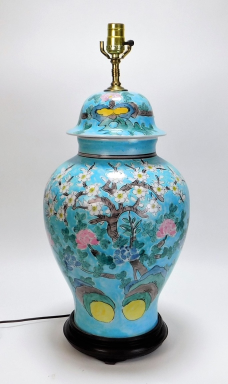 Appraisal: LG CHINESE CHERRY BLOSSOM PORCELAIN TABLE LAMP China th CenturyUrn