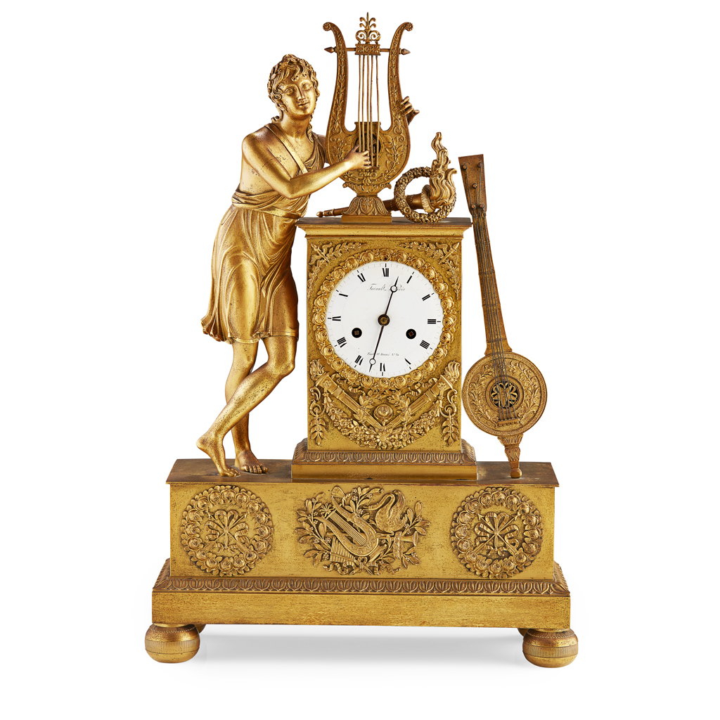 Appraisal: FRENCH EMPIRE GILT BRONZE MANTEL CLOCK BY TARAULT PARIS EARLY