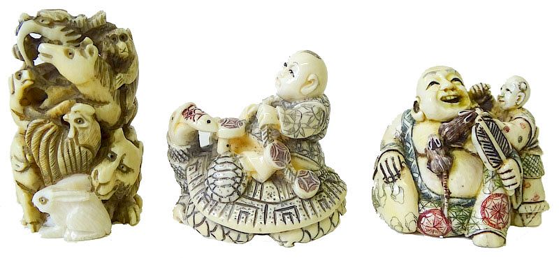 Appraisal: Three Chinese Carved Netsuke Groups Three Chinese Carved Ivory Netsuke