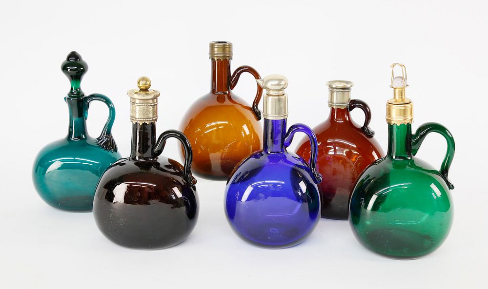 Appraisal: Six Hand-Blown Colored Glass Cruets th - th Century Six