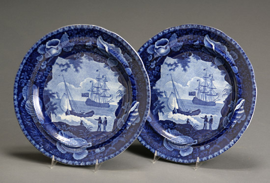 Appraisal: Pair of Staffordshire Historical Dark Blue Transfer-Decorated Dinner Plates Enoch