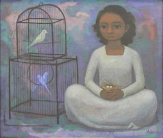 Appraisal: ANAYA Luis Oil on Canvas Nina con Pajaros Signed and