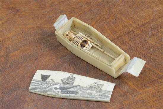 Appraisal: IVORY TYPE SKELETON WITH SCRIMSHAW IN COFFIN Having a whaling