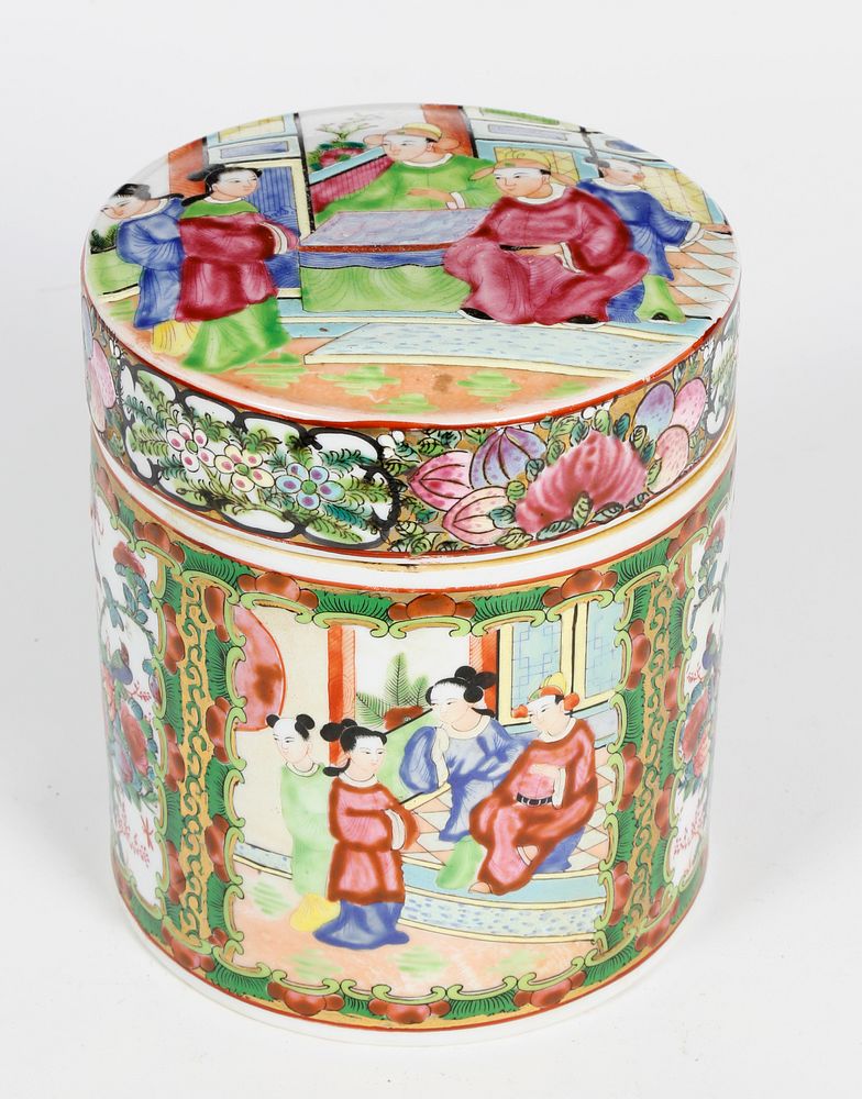 Appraisal: Chinese Mandarin Hand Painted Covered Porcelain Tea Caddy Chinese Mandarin