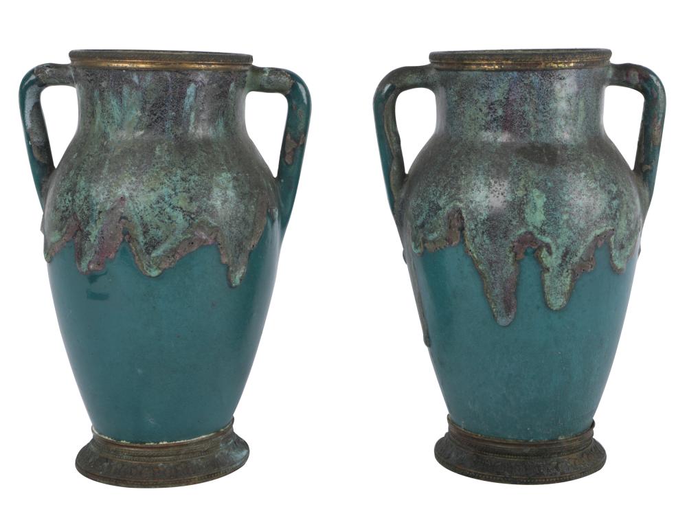 Appraisal: PAIR OF FRENCH GLAZED CERAMIC URNSimpressed marks each with metal