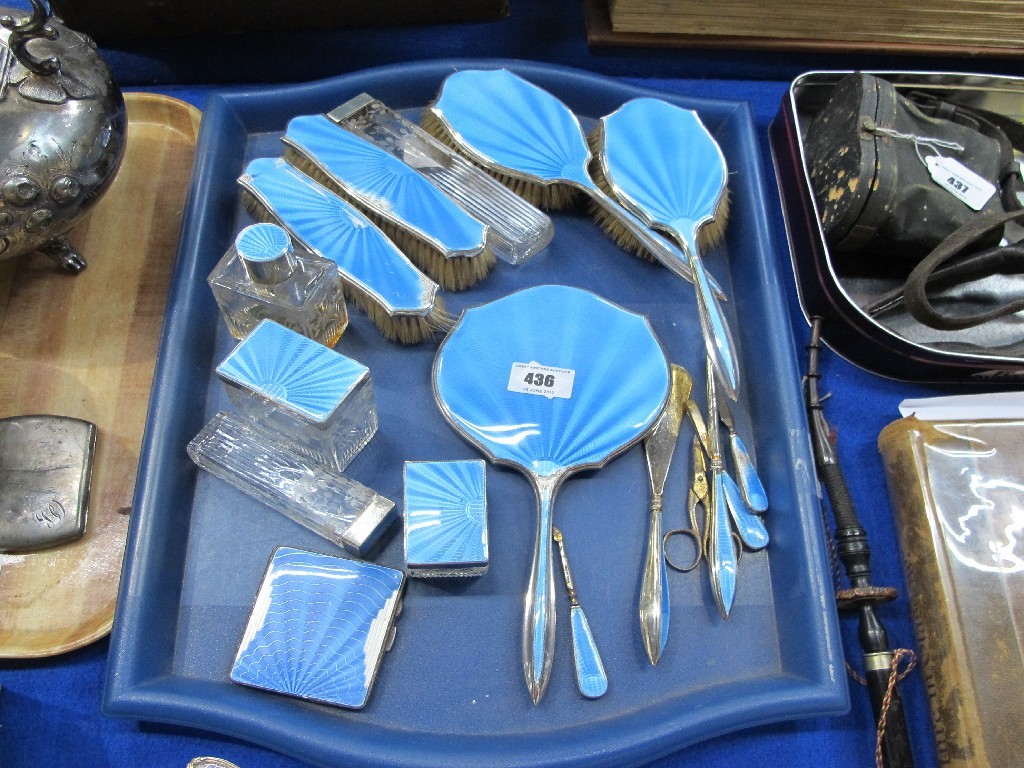 Appraisal: A piece silver and enamel dressing table set Birmingham some