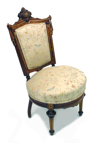 Appraisal: VICTORIAN CARVED PARCEL-GILT AND INLAID WALNUT SIDE CHAIR Renaissance Revival