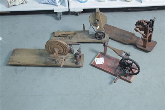 Appraisal: FOUR WOODEN APPLE PEELERS Including one wood and iron tabletop