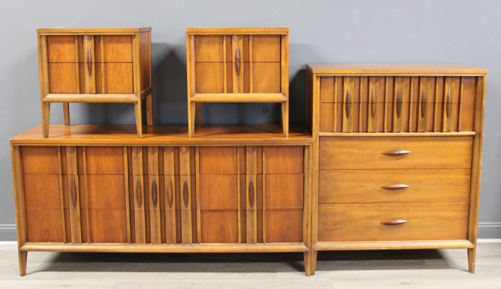 Appraisal: Midcentury Brutalist Style Bedroom Set To include a high chest