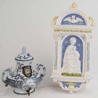 Appraisal: Majolica Plaque and Water Dispenser one Cantagalli plaque depicting Mary