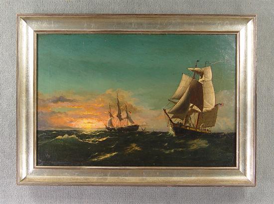 Appraisal: American Marine Painting Oil on canvas Two sailing ships flying