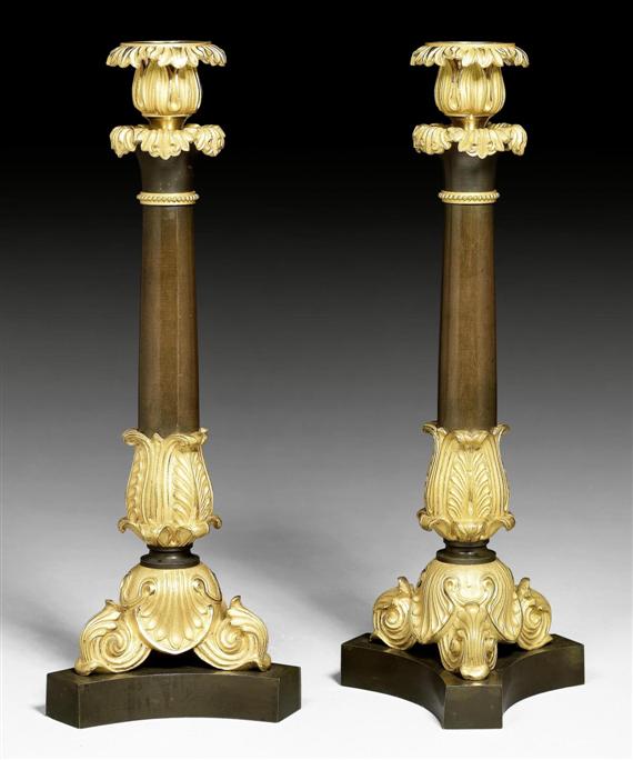 Appraisal: PAIR OF CANDLEHOLDERS A L'ACANTHE Restauration Paris circa Rich relief-decorated