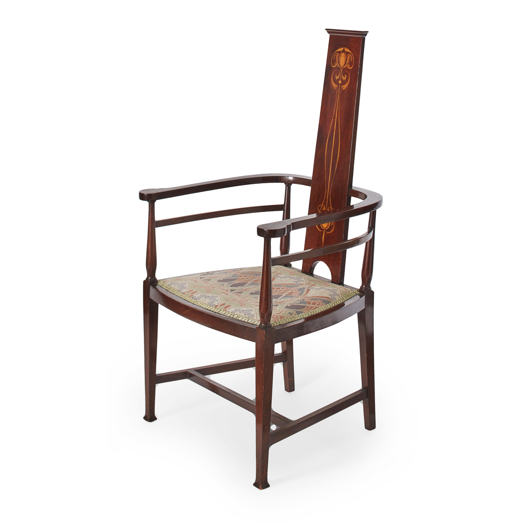 Appraisal: GLASGOW SCHOOL MAHOGANY AND INLAID CAQUETEUSE ARMCHAIR CIRCA with marquetry