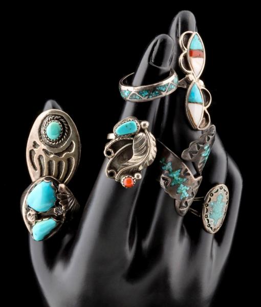 Appraisal: ZUNI AND NAVAJO STERLING SILVER TURQUOISE RINGSThe collection includes Navajo