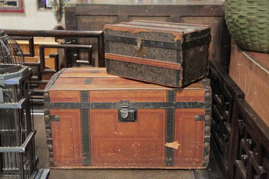 Appraisal: TWO MINIATURE TRUNKS Doll-sized wooden trunk decorated with red and