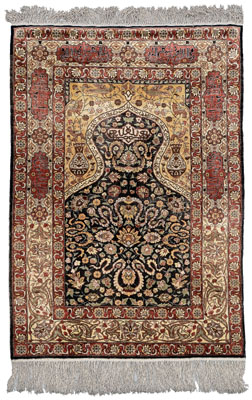 Appraisal: Silk meditation carpet mihrab surrounded by Koranic inscriptions with floral