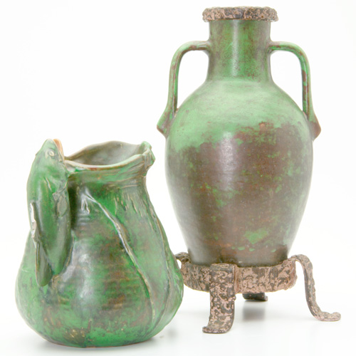 Appraisal: WELLER Two Coppertone pieces a pitcher with fish handle bruise