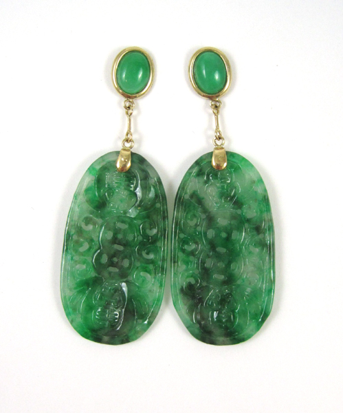 Appraisal: PAIR OF GREEN JADE DANGLE EARRINGS each k yellow gold