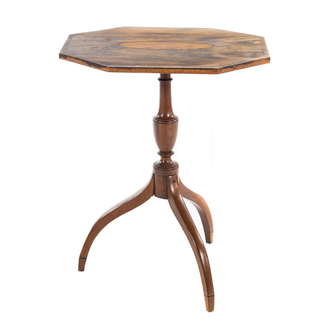 Appraisal: Federal inlaid mahogany tilt-top candlestand circa octagonal tilt-top with banded