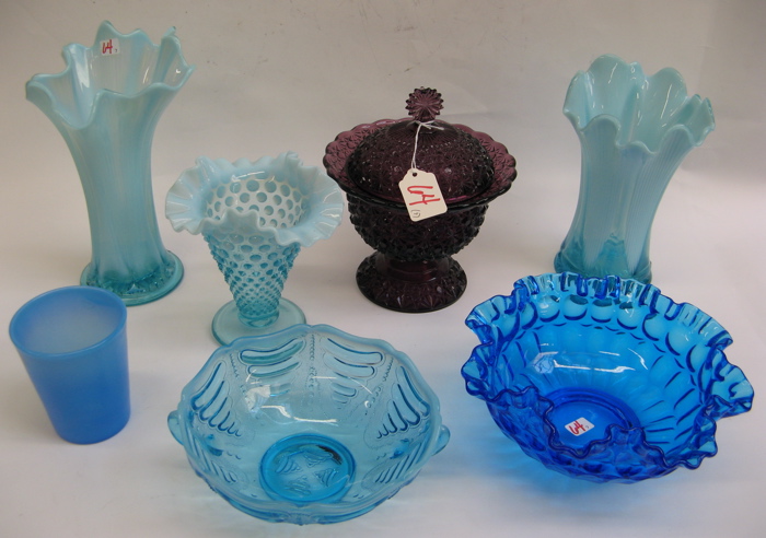 Appraisal: COLLECTION OF SEVEN AMERICAN COLORED GLASS PIECES a covered compote