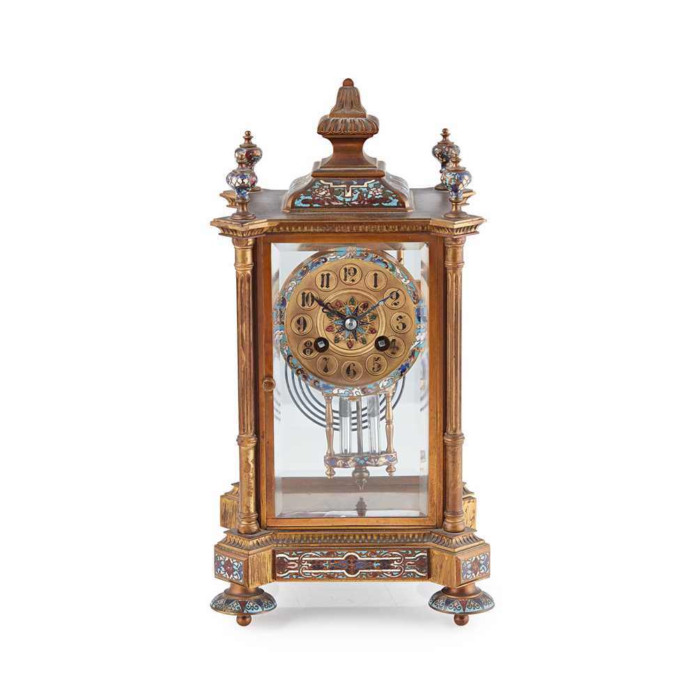 Appraisal: FRENCH GILT BRONZE AND CHAMPLEV ENAMEL FOUR GLASS MANTEL CLOCK