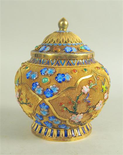 Appraisal: Chinese silver gilt and enamel filigree jar Of squat baluster