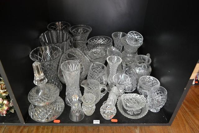 Appraisal: SHELF OF ASSORTED CRYSTAL ITEMS INCL JUGS VASES BOWLS ETC