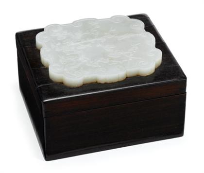 Appraisal: Good Chinese zitan and jade plaque insert square corner box