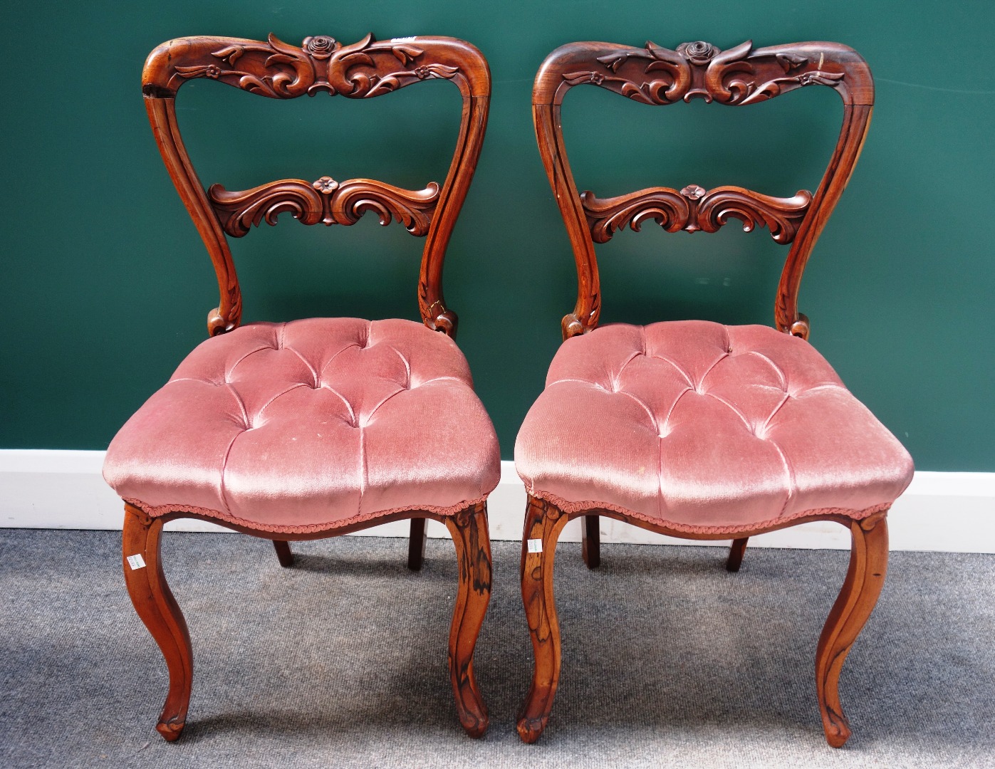 Appraisal: A set of six Victorian rosewood framed dining chairs each