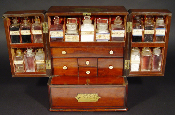 Appraisal: Victorian mahogany travelling apothecarys cabinet inset with brass handles the