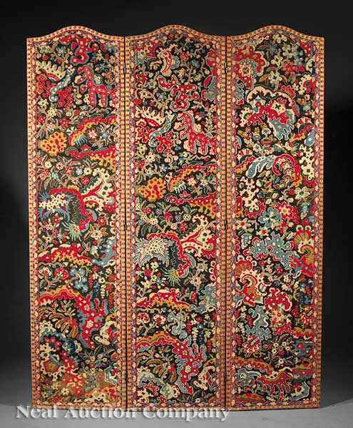 Appraisal: An Antique Three-Panel Folding Screen arched panels with stylized foliate