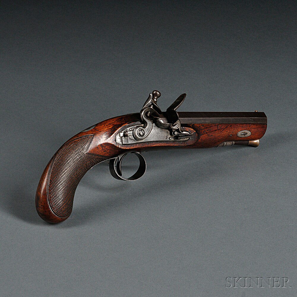 Appraisal: Oakes Flintlock Pistol c early th century walnut stock with