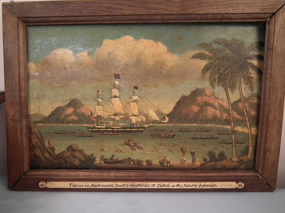 Appraisal: TAHITI WHALING SCENE PAINTING Oil painting on oak panel depicting