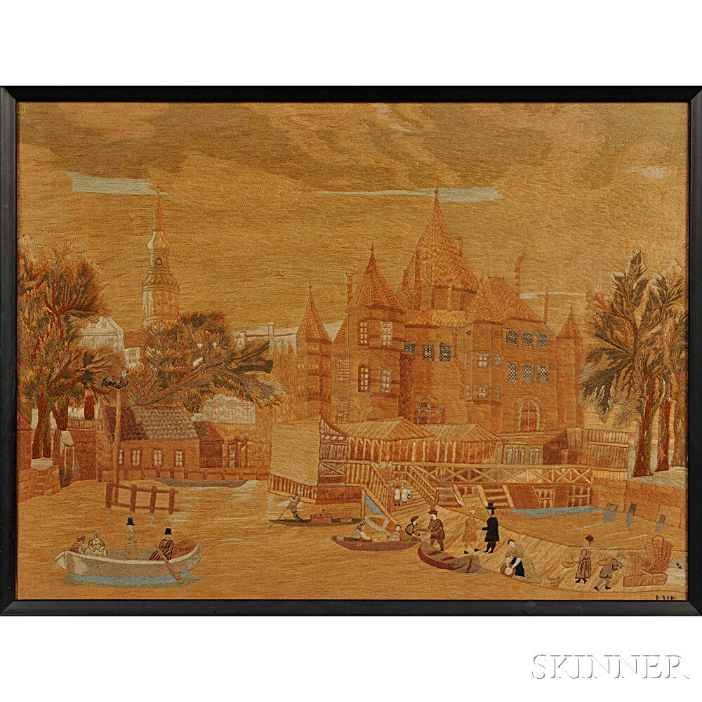 Appraisal: Framed Wool Picture Continental th century depicting a village landscape