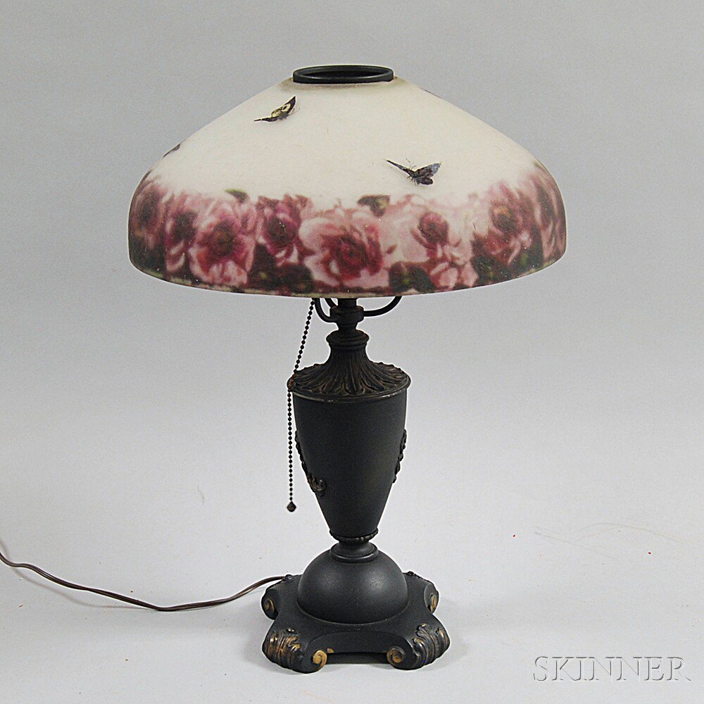 Appraisal: Pittsburg Reverse-painted Glass Table Lamp th century the shade with