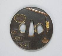 Appraisal: Tsuba Japanese Edo Period Takabori-shakudo and gold Depicts a rodent